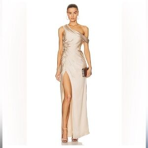 Jonathan Simkhai Champagne One-Shoulder Satin Gown with High Slit